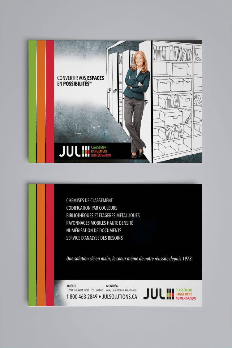 Réactualisation de l'image de marque et création d'outils de communication pour JUL Solutions. Réalisation 30&1 Pub+ Design.
